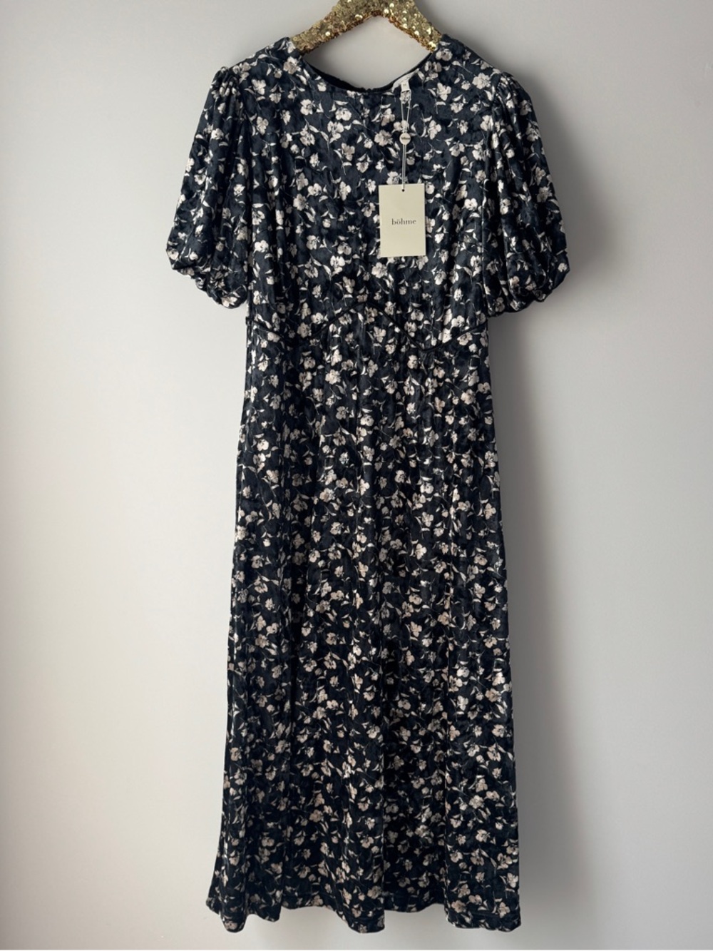 Black Floral Midi Dress with Puff Sleeves